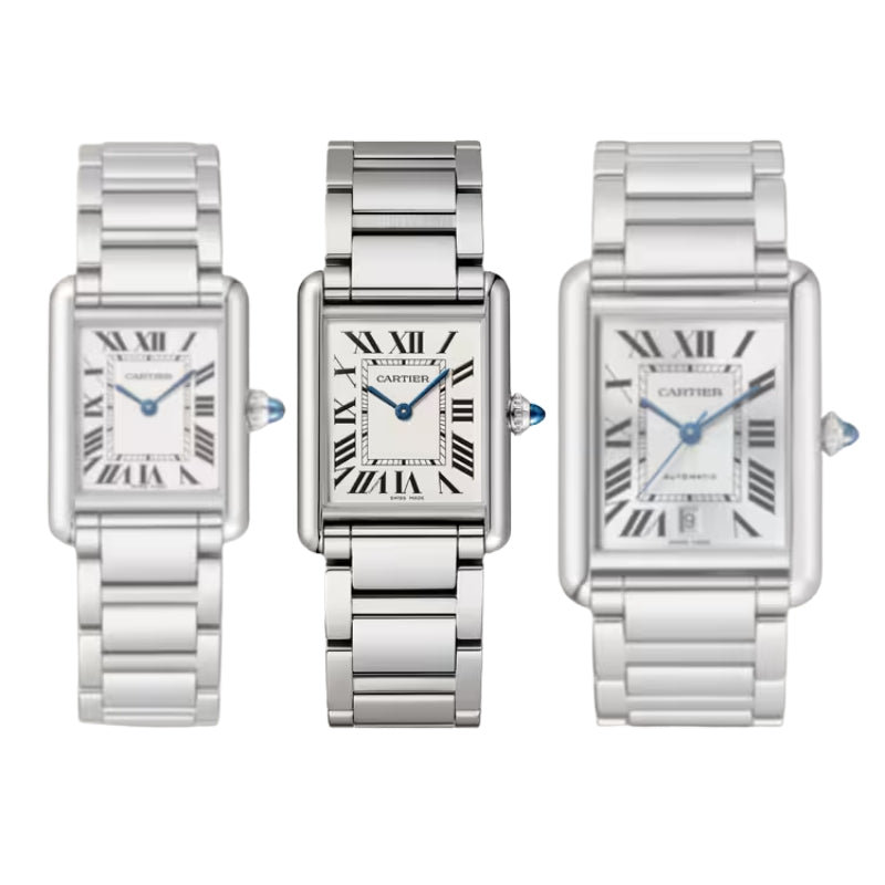 Three silver watches shown in different sizes together.