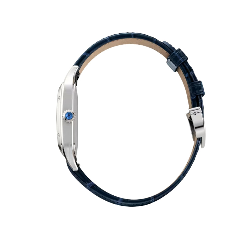 Side view of silver watch and blue strap.