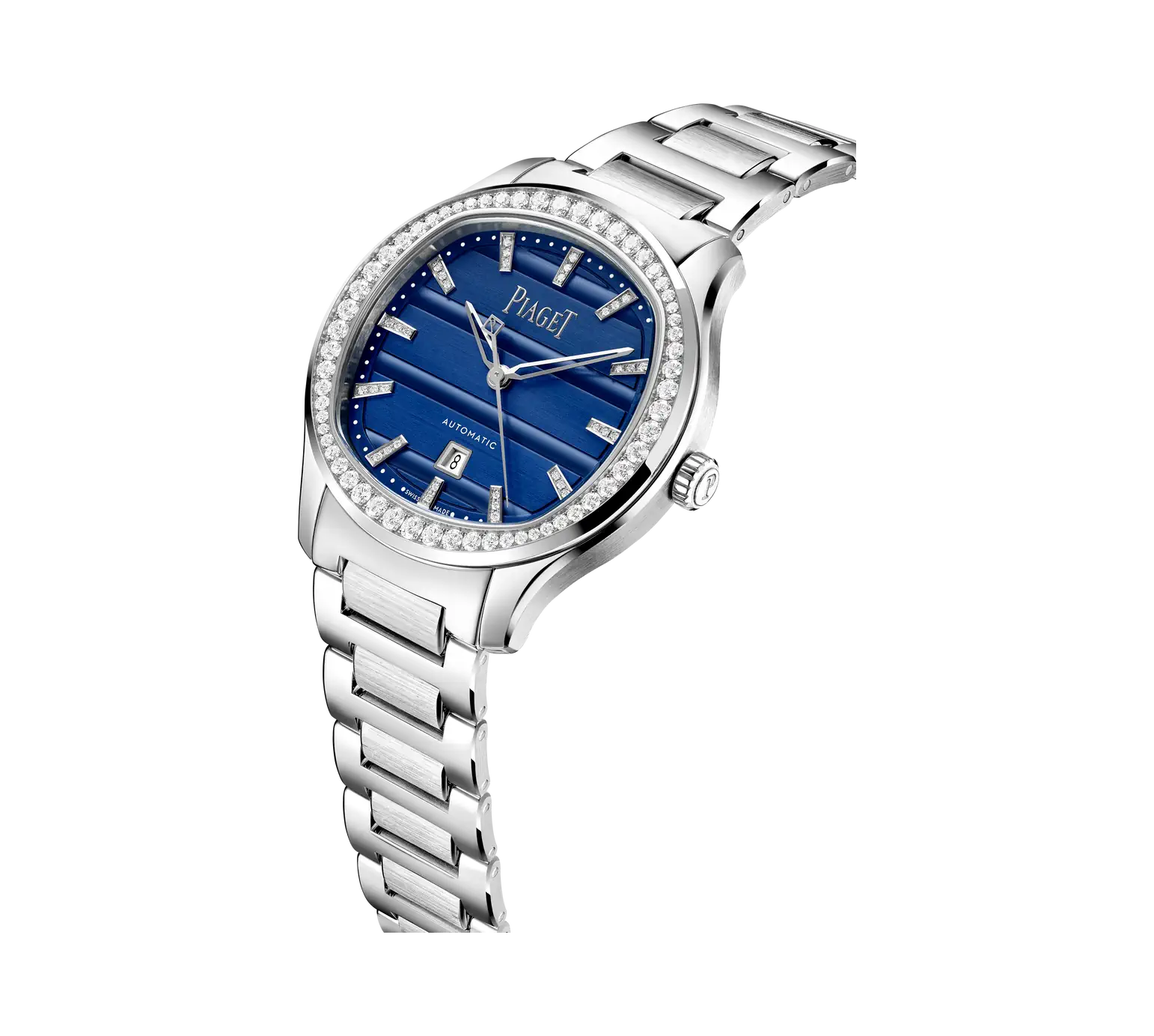 Side View Of Piaget Polo Signature Date Watch With Diamond Bezels.