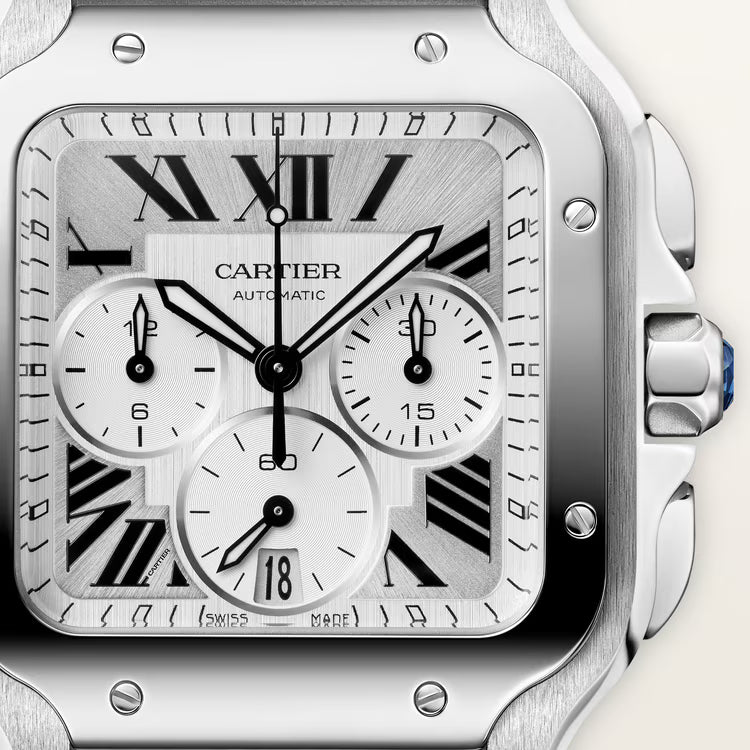 Close Up view Cartier Santos Large Chronograph Automatic Steel WSSA0083
