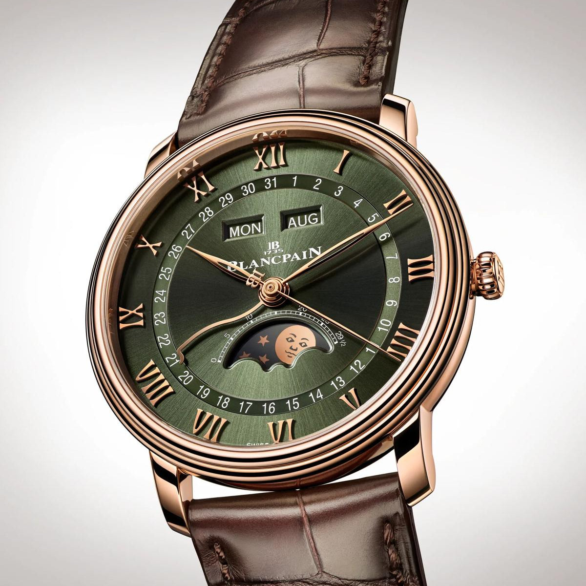 Blancpain Villeret Quantieme Complete Green 18k Rose Gold 6654A-3653-55B soldier shot 2