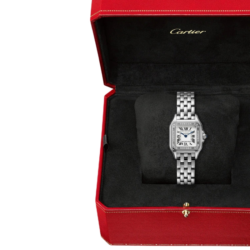 Panthère de Cartier watch worn on female wrist.