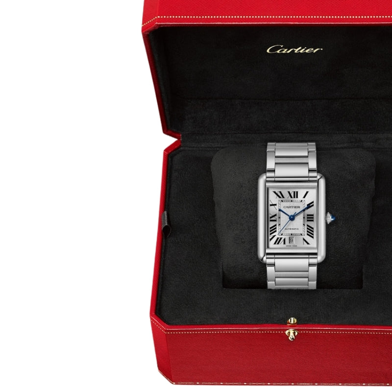 Silver watch displayed inside a red luxury box.