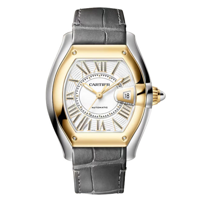 Front View Of Cartier Roadster Steel and Gold Watch With leather strap.