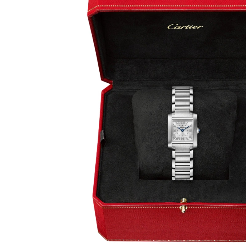 Silver Cartier watch inside signature red gift box.