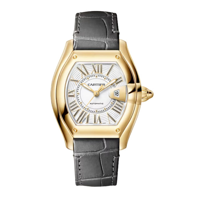 Front View Of Cartier Roadster Yellow Gold Watch With leather strap.