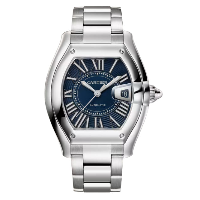 Front View Of Cartier Roadster Steel Watch With Steel Bracelet.