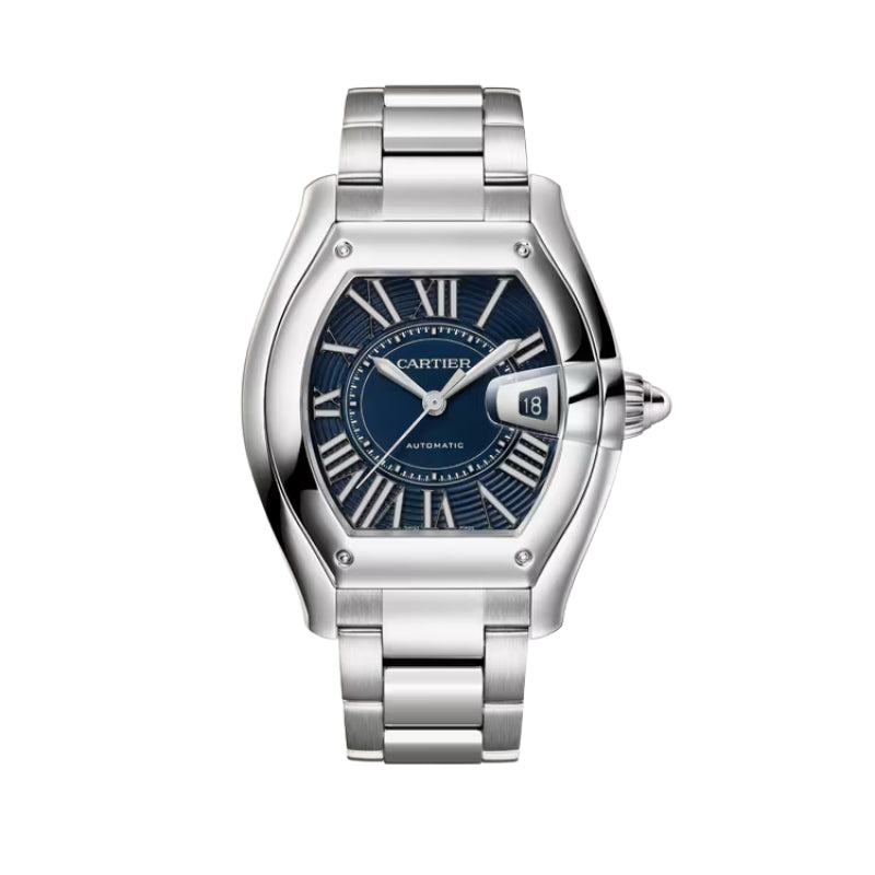 Front View Of Cartier Roadster Steel Watch With Steel Bracelet.