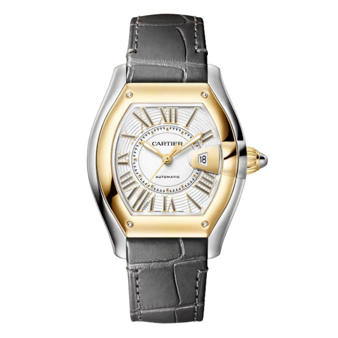 Front View Of Cartier Roadster Steel and Gold Watch With leather strap.