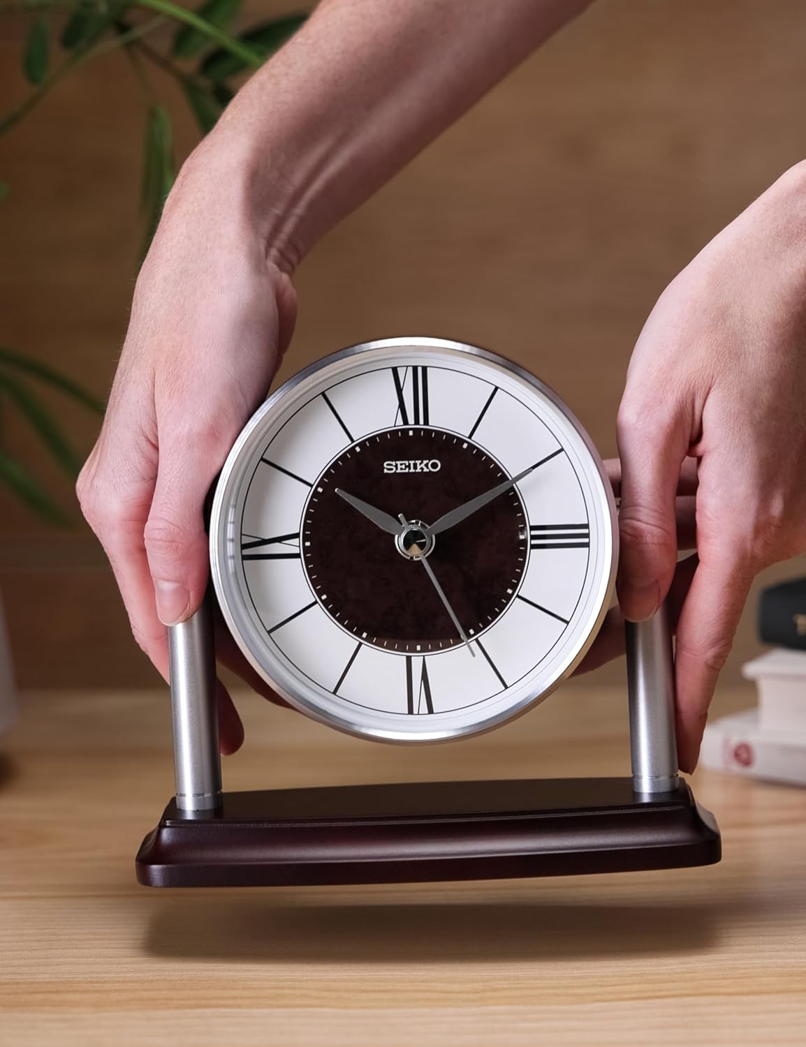 Seiko Round Brown Modern Classic Desk & Table Clock QXG159BLH lifestyle shot