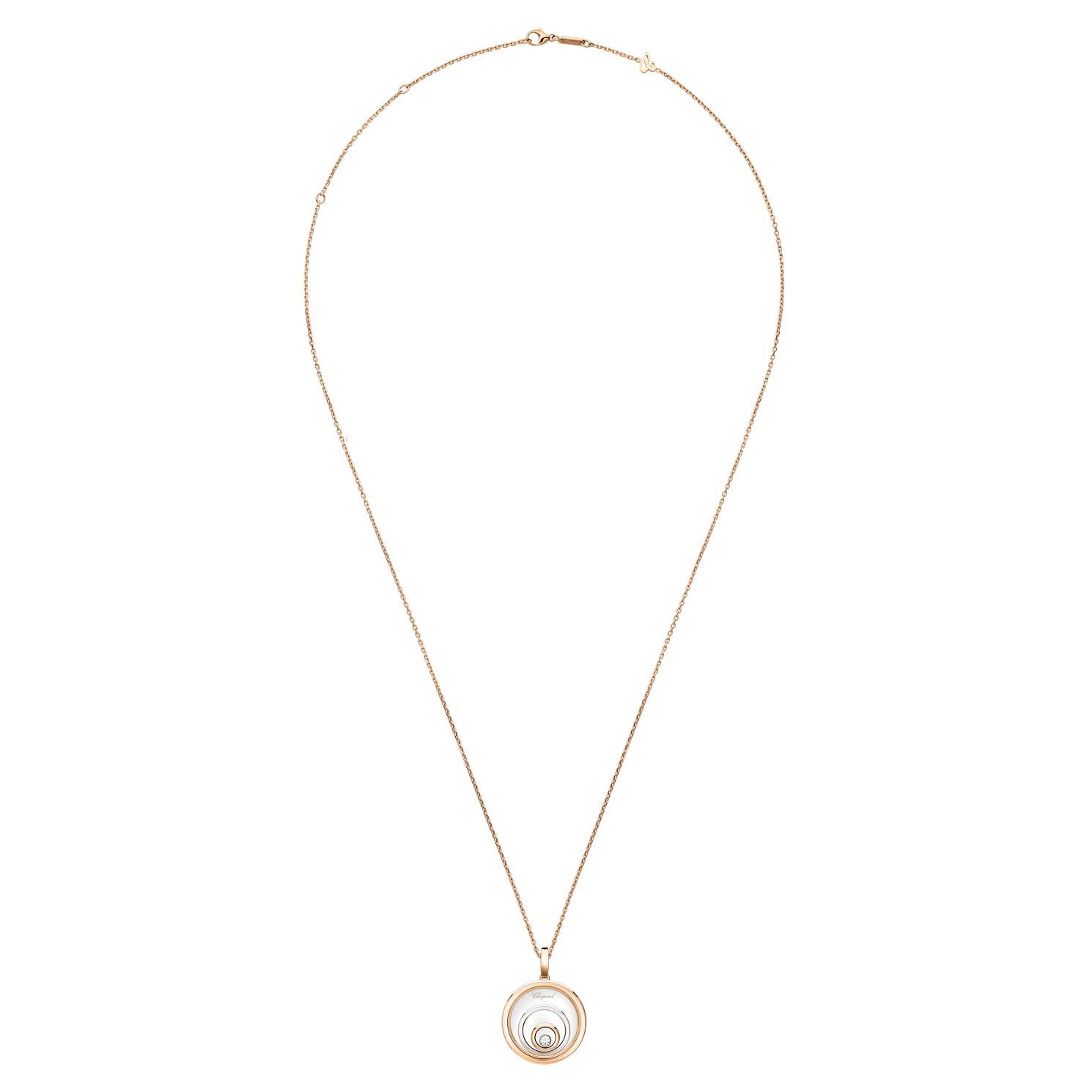 Delicate gold chain necklace with a small circular pendant on white background.