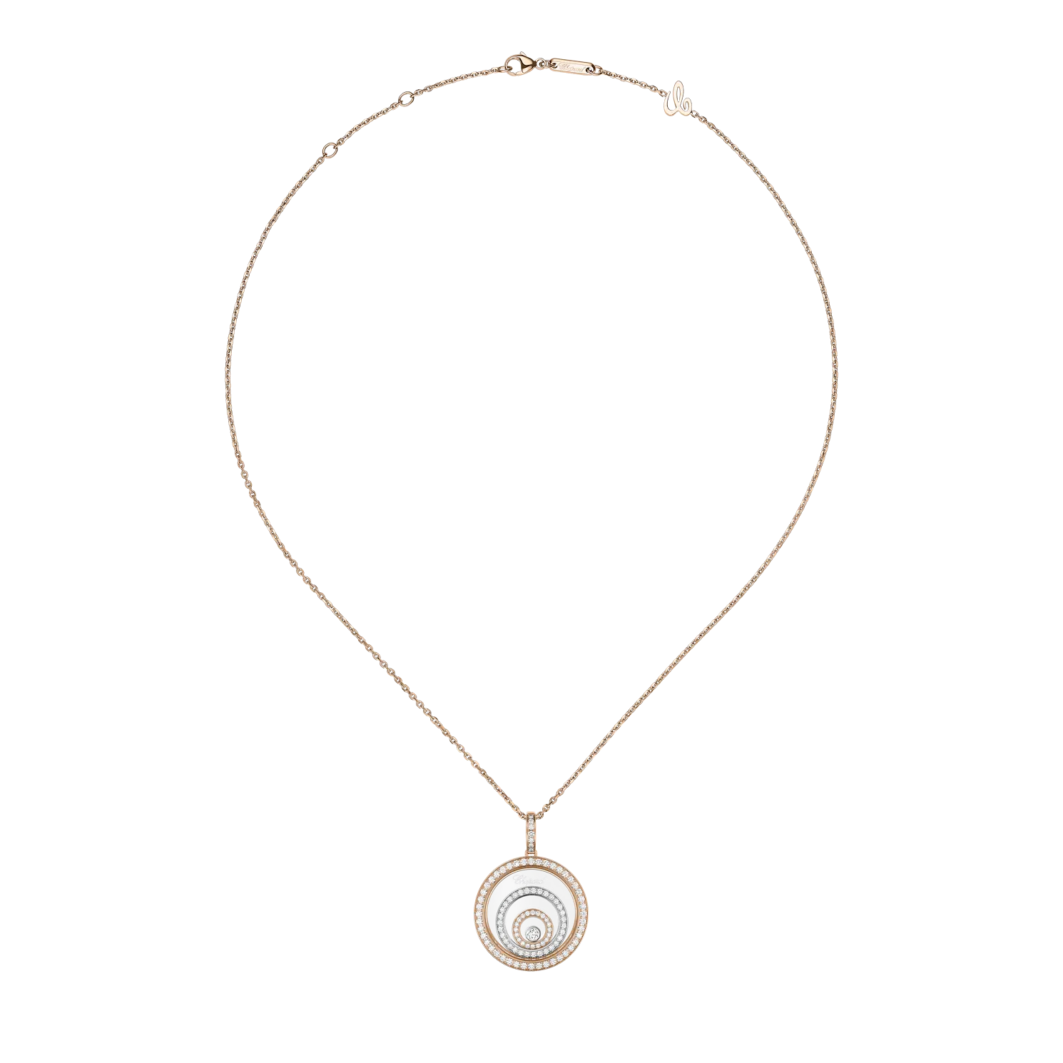 Delicate gold chain necklace with a round diamond pendant on white background.
