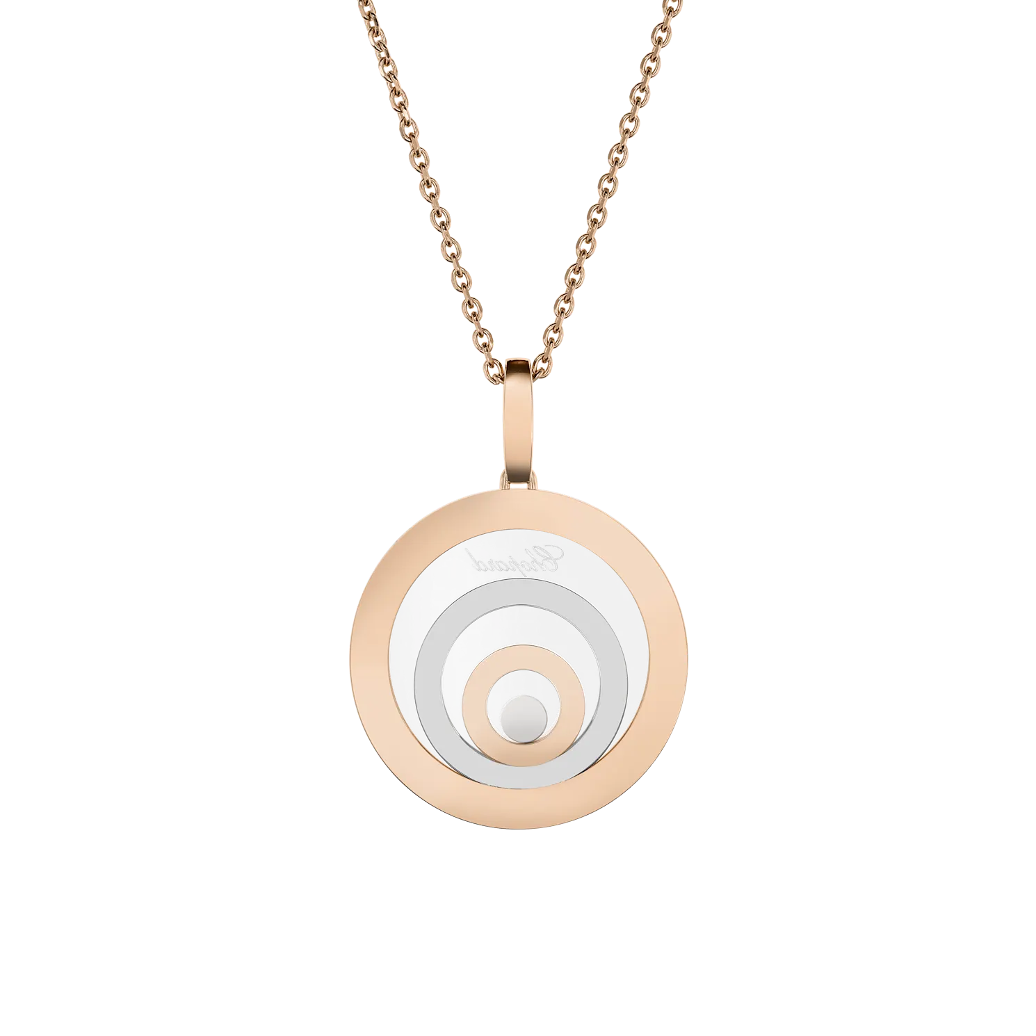 Symmetrical rose gold circular pendant with layered rings and centered diamond.