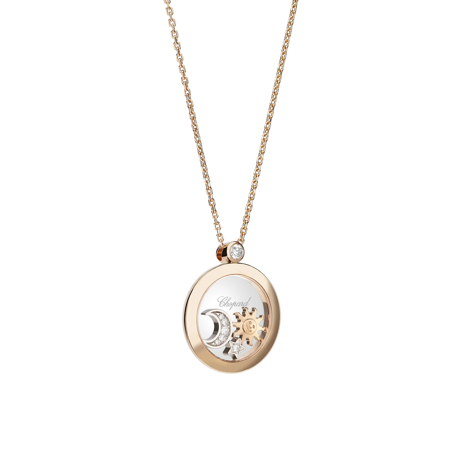 Side View of Chopard Happy Diamonds Rose Gold Pendant Happy Sun, Moon and Stars 799434-5201
