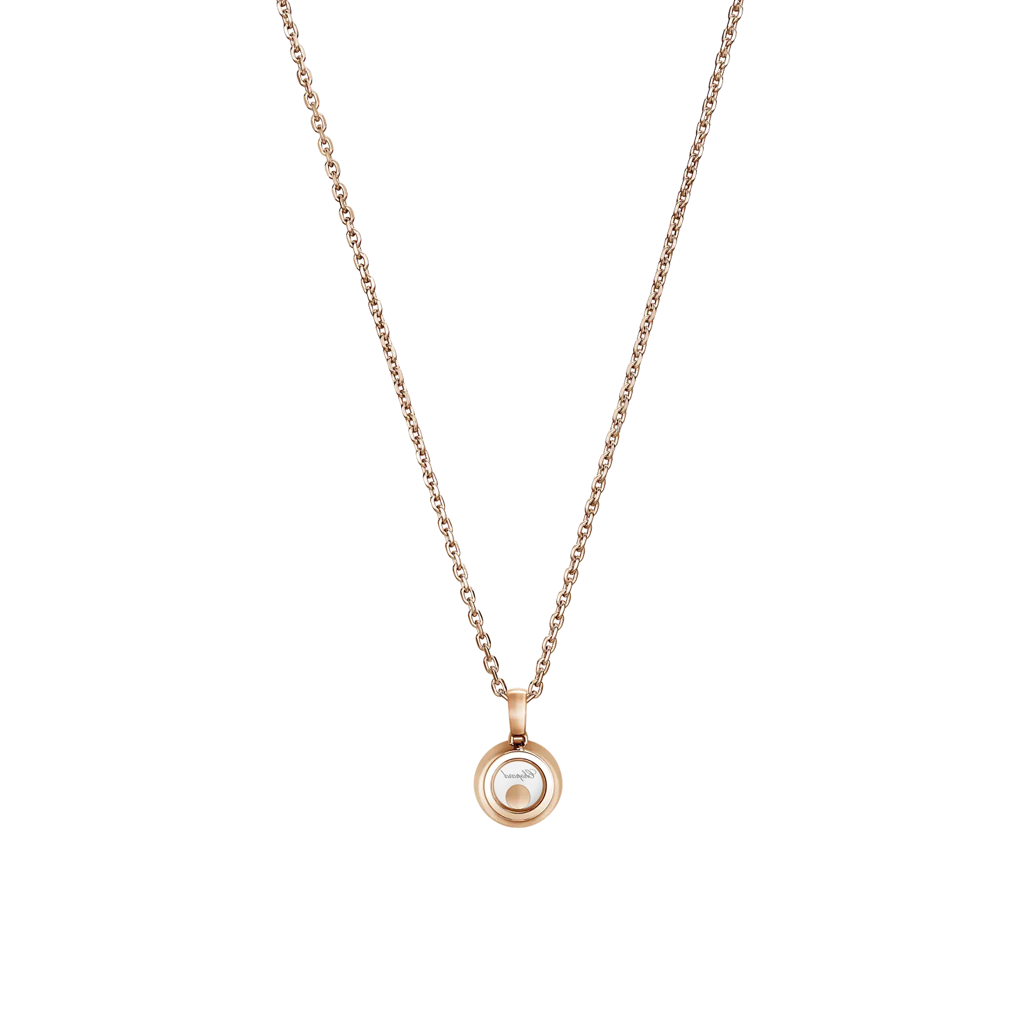 Rose gold circular pendant with a centered diamond hanging from a chain.