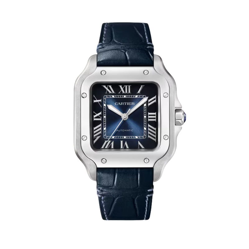 Cartier Santos watch featuring a navy leather strap.