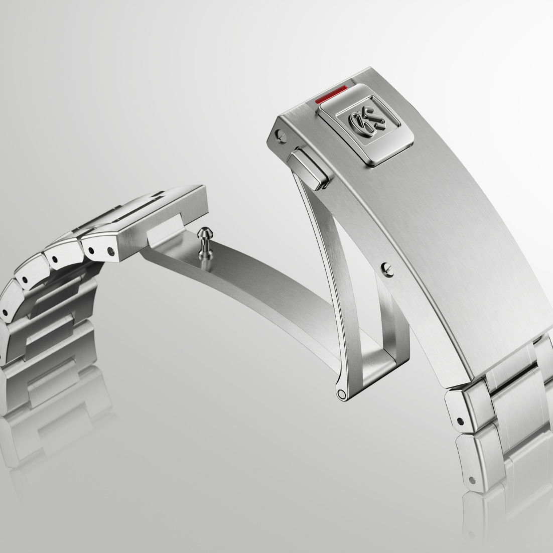 Close-up of the stainless steel folding clasp featuring the embossed GS logo.