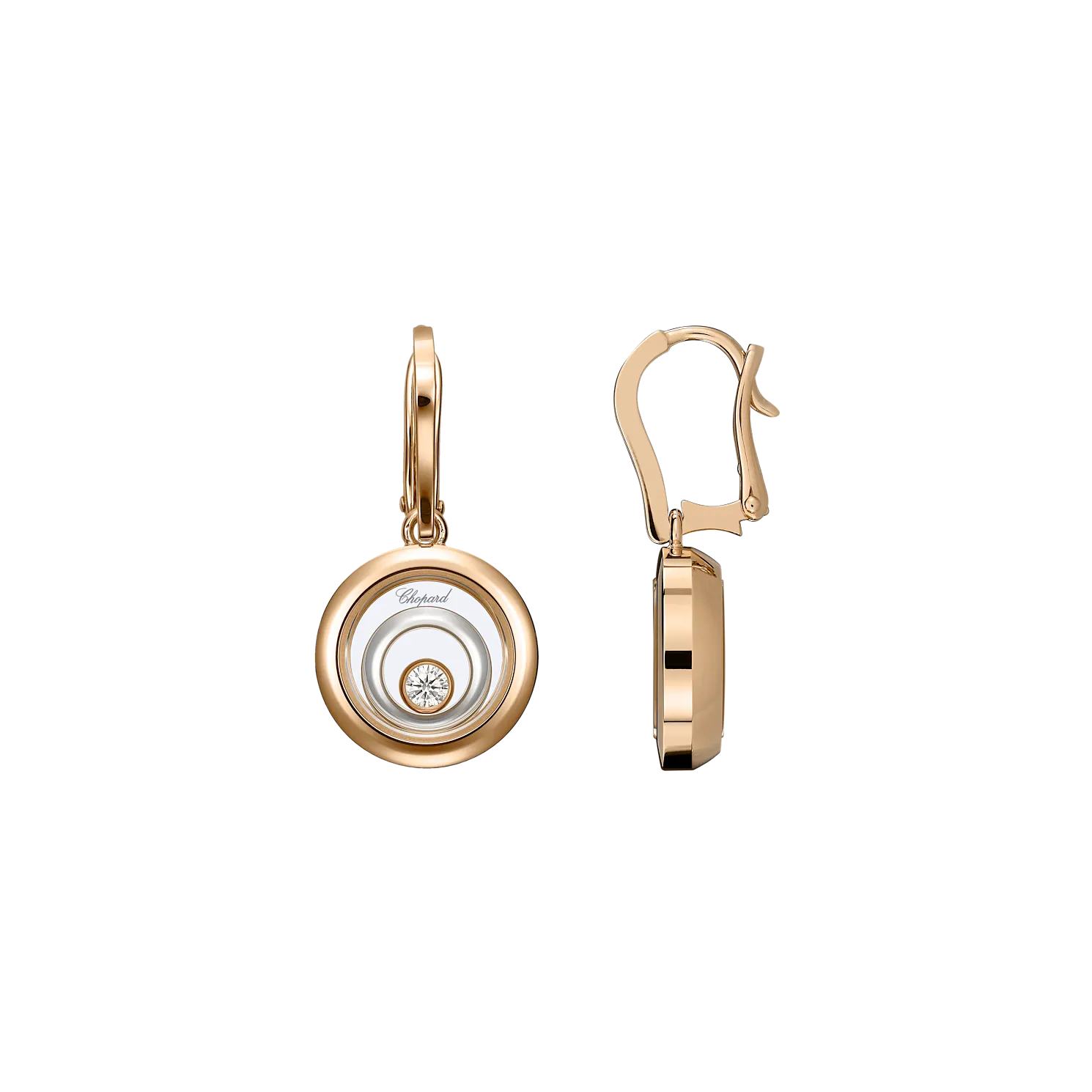 Detailed perspective of rose gold circular earrings showcasing the secure lever-back clasp.