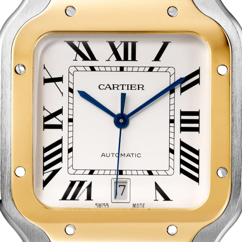 Detailed view of a square white watch face.