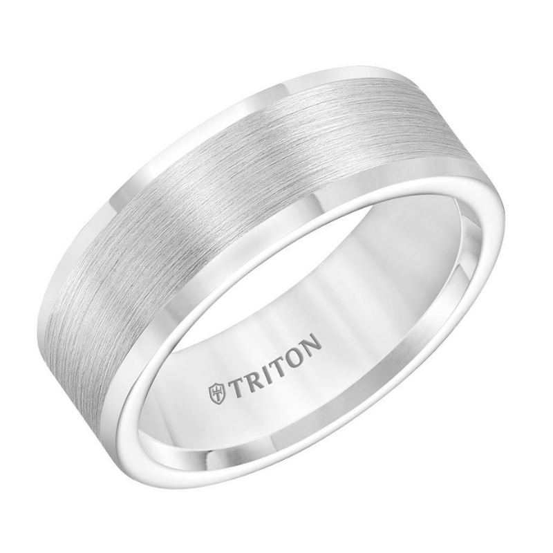 Tilted View of Roll Edge Satin Finish Flat Center Wedding Band.