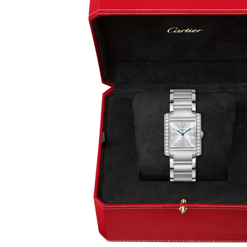 Silver diamond Cartier watch in red display box.