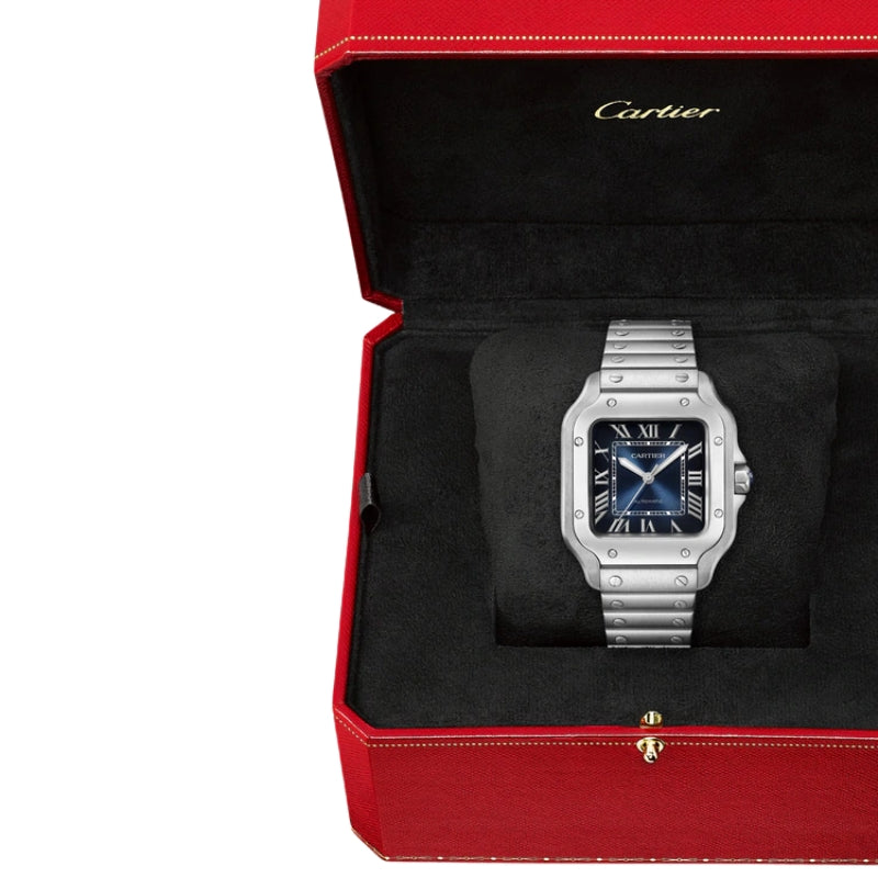 Cartier Santos watch with blue dial in box.