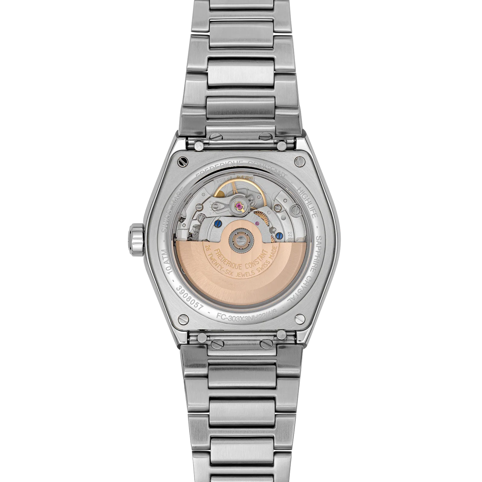 Exhibition caseback showing an automatic movement and silver strap.
