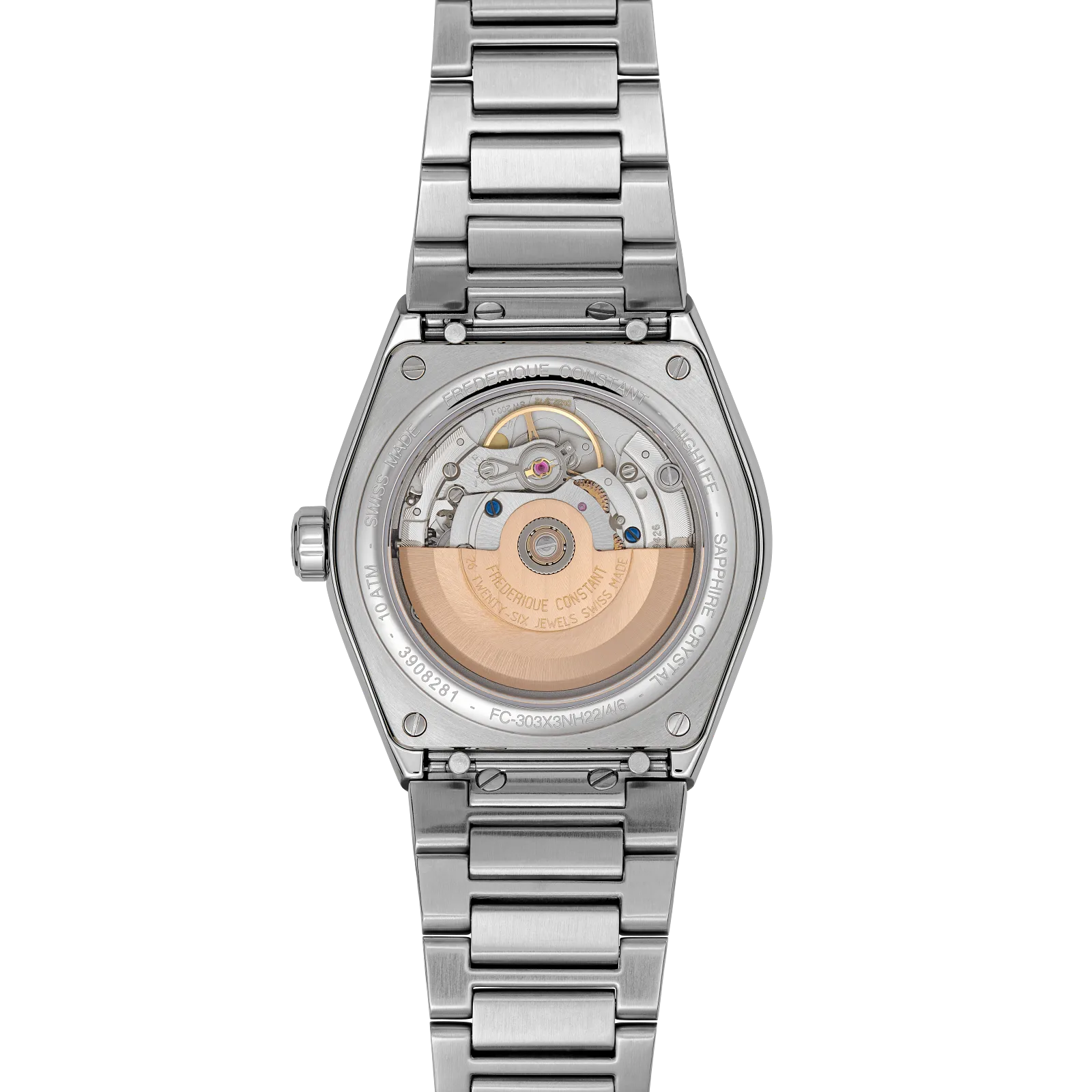 Clear caseback showing automatic watch movement and rose gold rotor.