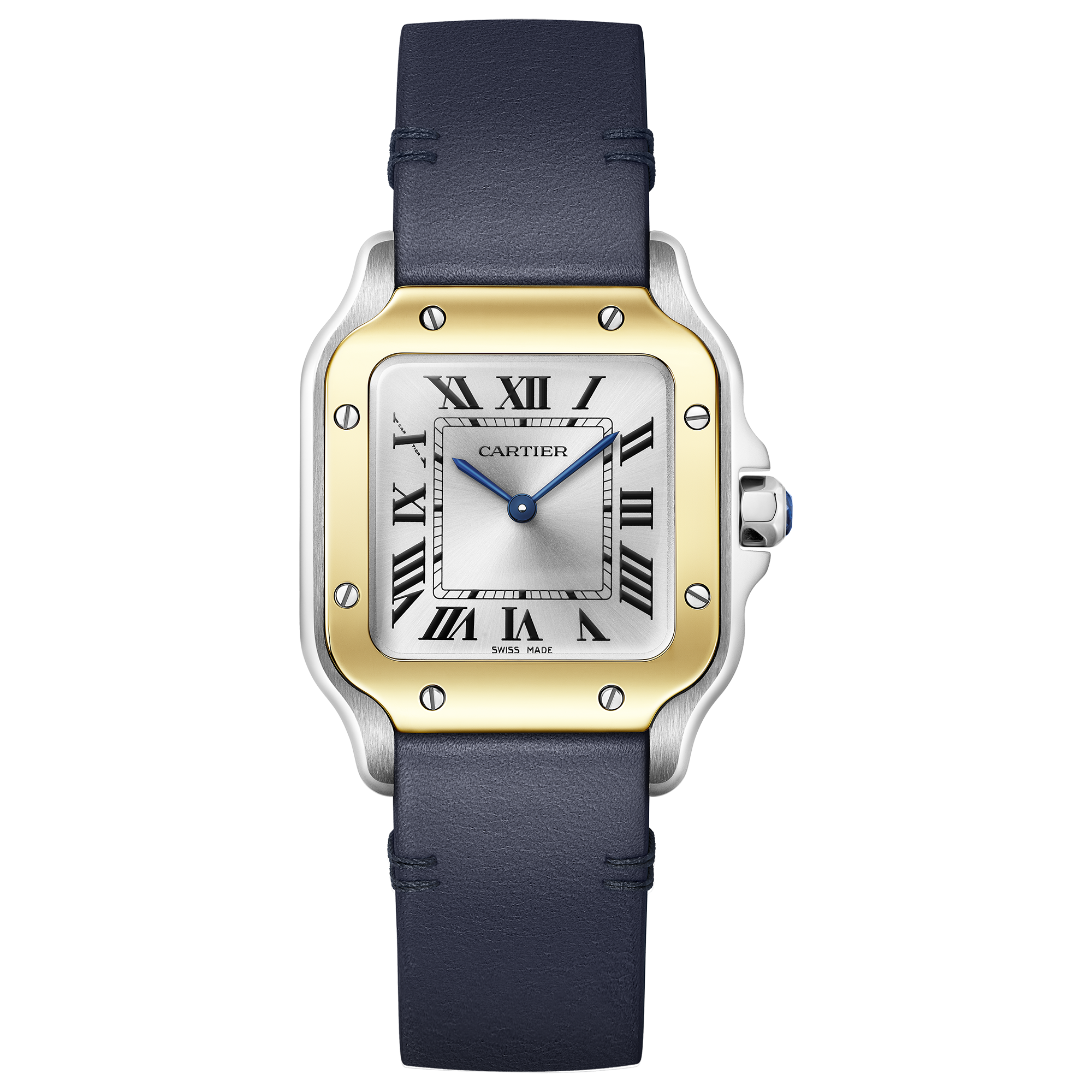 Calfskin Strap W2SA0033 Cartier Santos Small Model Stainless Steel and Gold Silver Dial Quartz Watch 