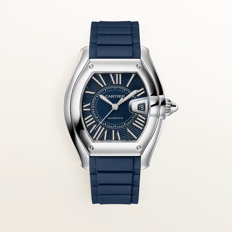 Front view showing blue sunray dial with Roman numerals and strap.