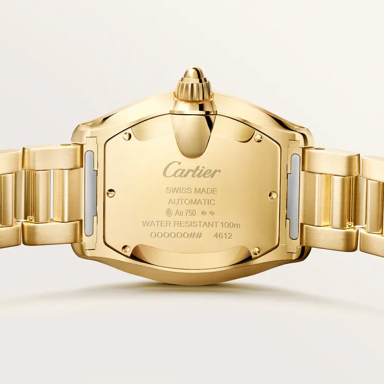 Rear view of stainless watch showing official chronograph movement technical engravings.