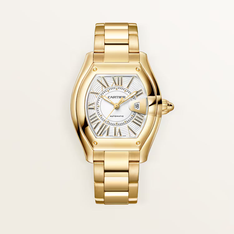 Front view featuring triple sub-dials, Roman numerals, and stainless steel bracelet.