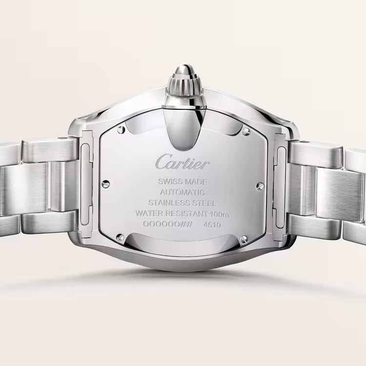 Brushed stainless steel case back with official Cartier branding and specs.