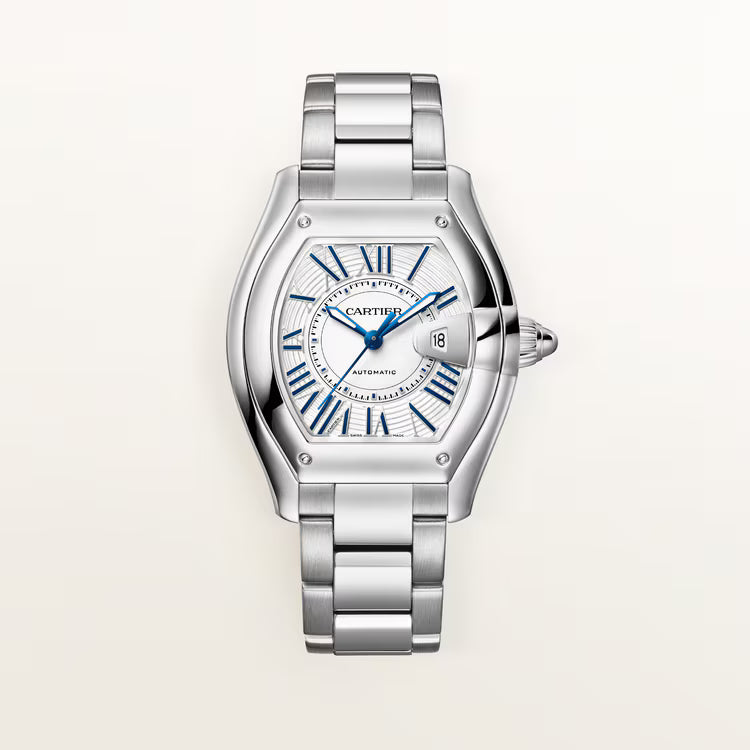 Luxury watch featuring a silver dial, blue Roman numerals, and bracelet.
