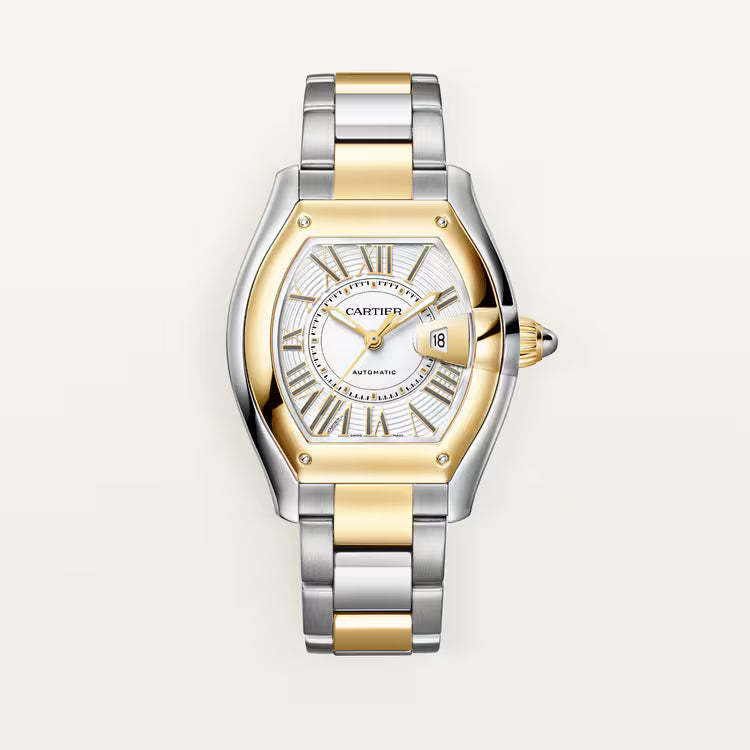 Front view of steel and gold watch with white Roman dial.
