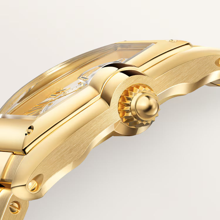 Side view of steel watch featuring prominent chronograph buttons and crown.