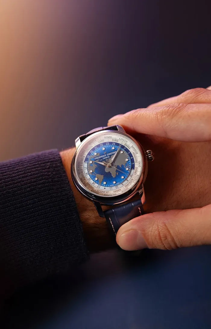 Frederique Constant Manufacture Classic Worldtimer Gradient Blue 40mm FC719BLW3H6 model wrist shot