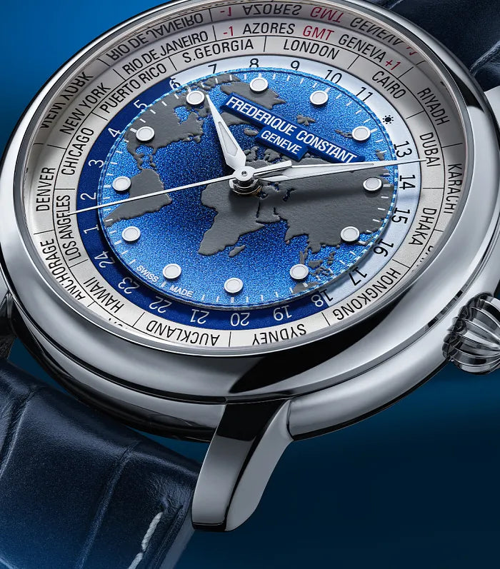 Frederique Constant Manufacture Classic Worldtimer Gradient Blue 40mm FC719BLW3H6 product shot closeup