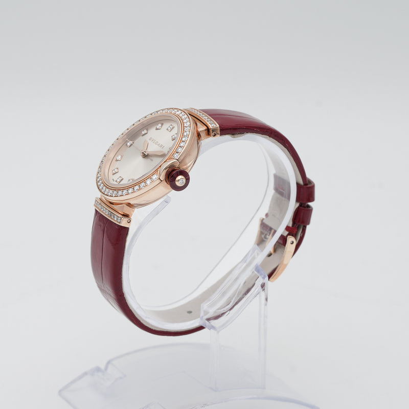 BVLGARI 102329 Bulgari Lvcea Automatic Diamond Rose Gold Red Strap 33mm Watch crown