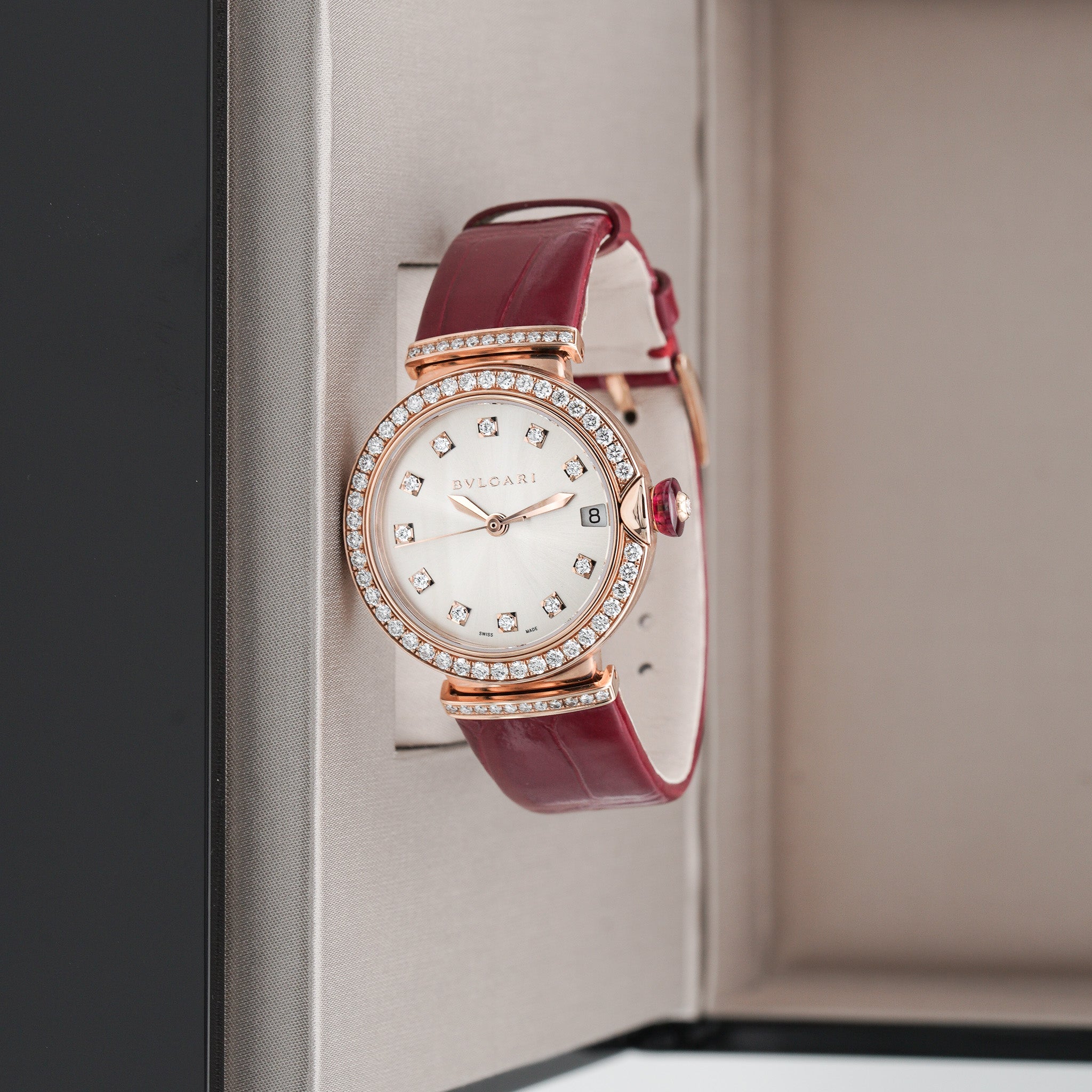 BVLGARI 102329 Bulgari Lvcea Automatic Diamond Rose Gold Red Strap 33mm Watch dial 2