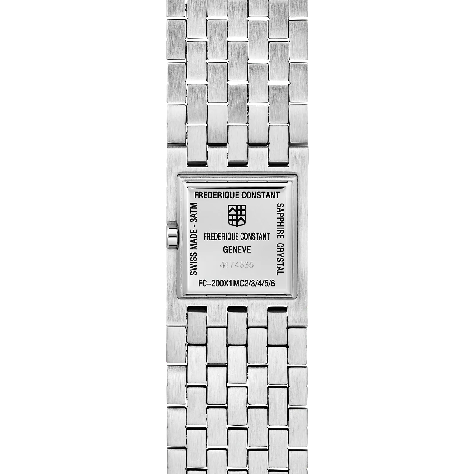 Close-up of the square stainless steel caseback integrated into the wide metal link strap.