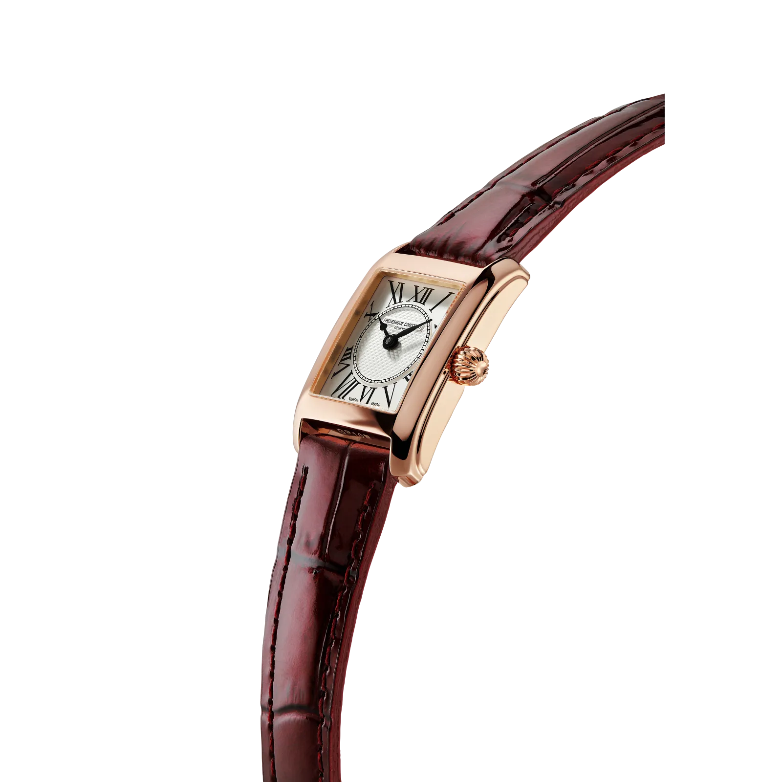 Close-up of the polished rose gold watch case and white dial, showcasing the rich texture of the deep red leather band.
