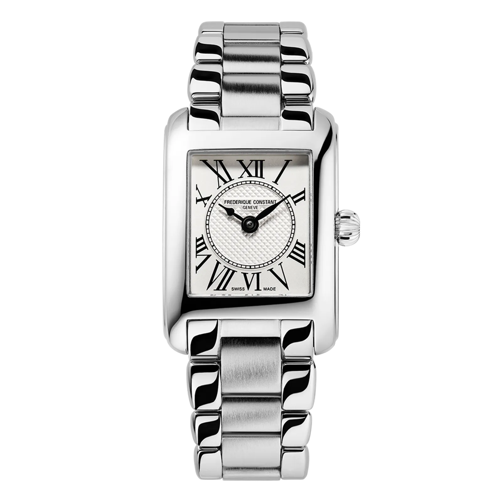 Classic silver women's tank watch featuring a white rectangular face, black Roman numeral markers, and a polished stainless steel three-link bracelet.