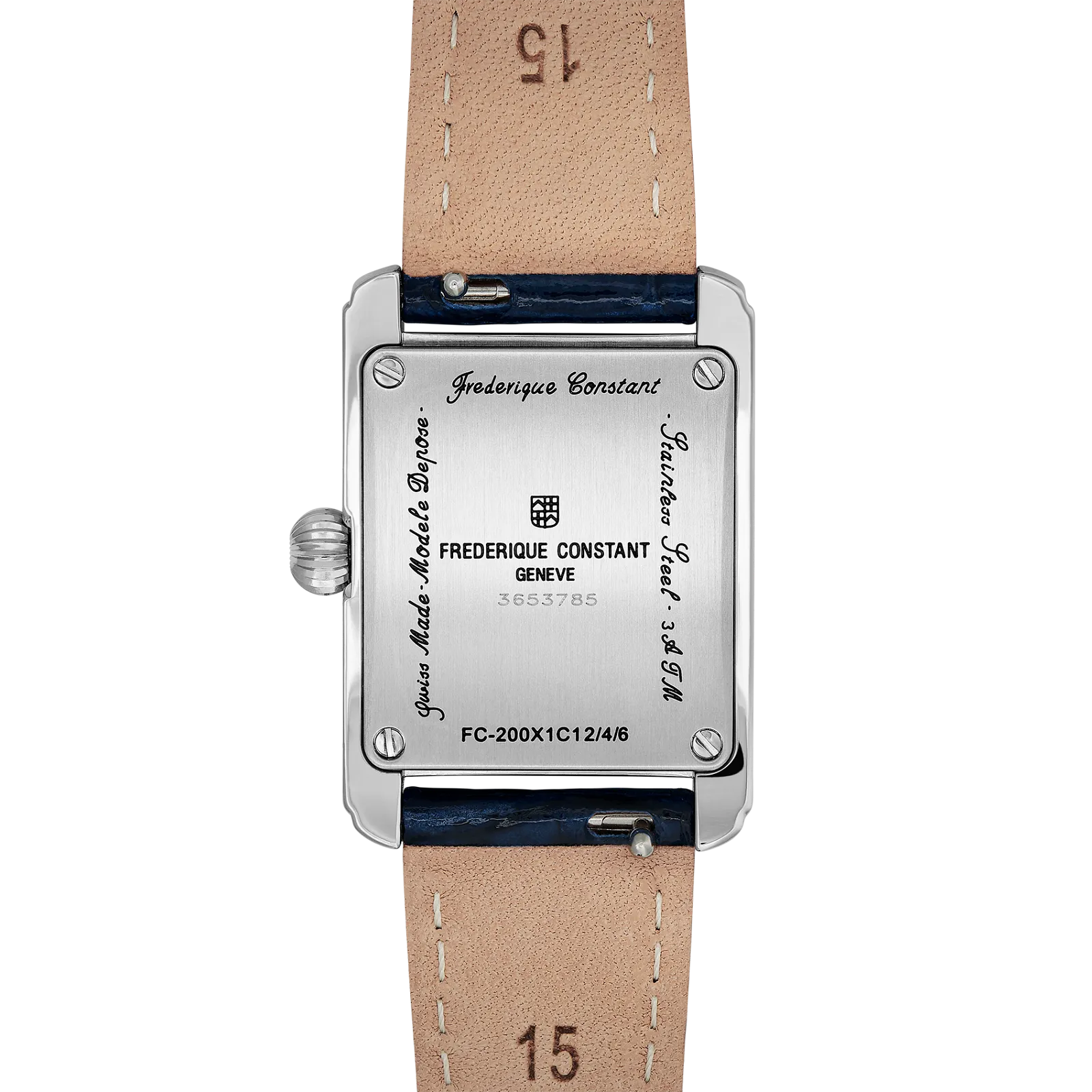 Close-up of the silver watch case and dial showing the contrast between the polished metallic bezel and the textured dark blue leather band.