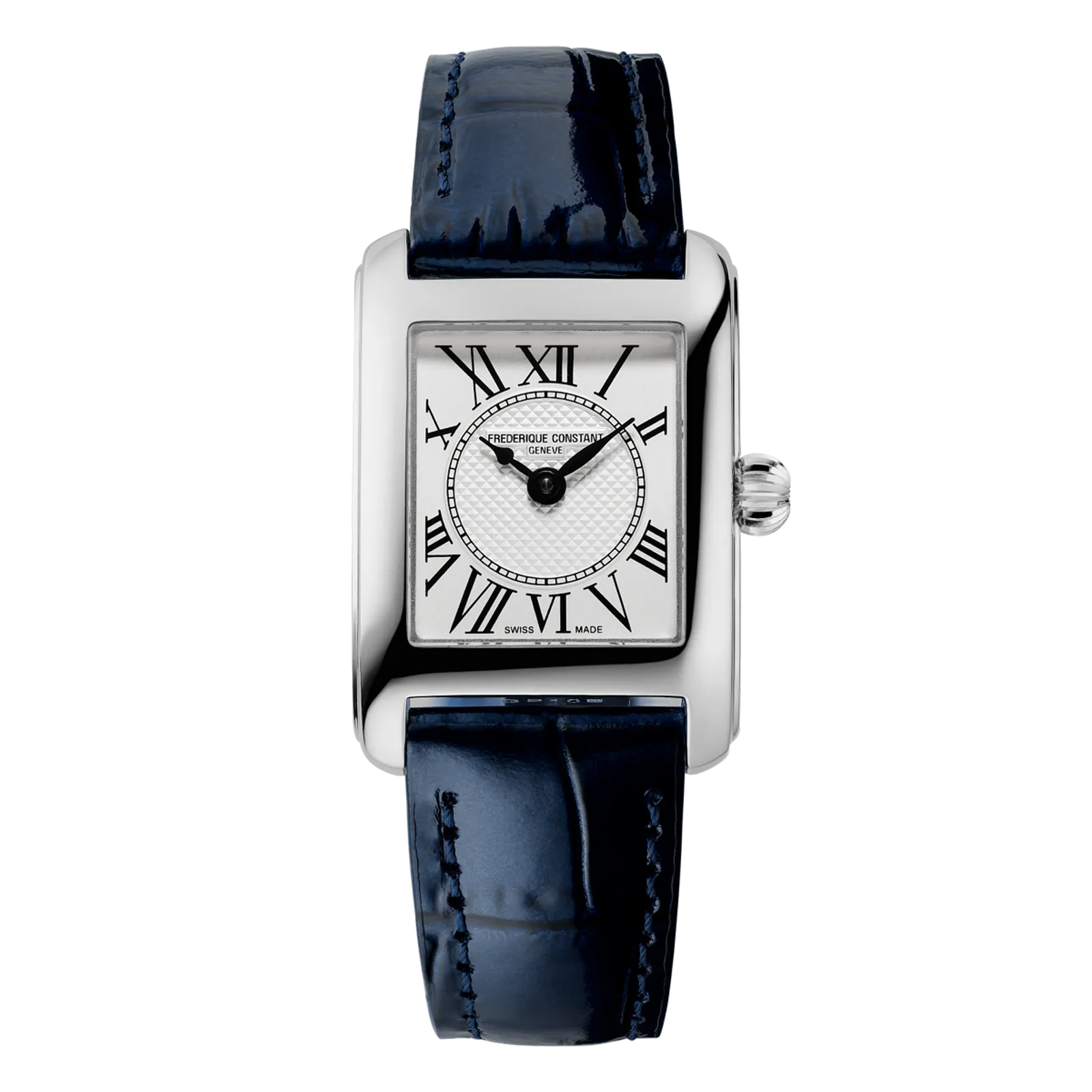 Elegant silver women's tank watch with a white rectangular face, Roman numeral markers, and a premium navy blue crocodile-embossed leather strap.