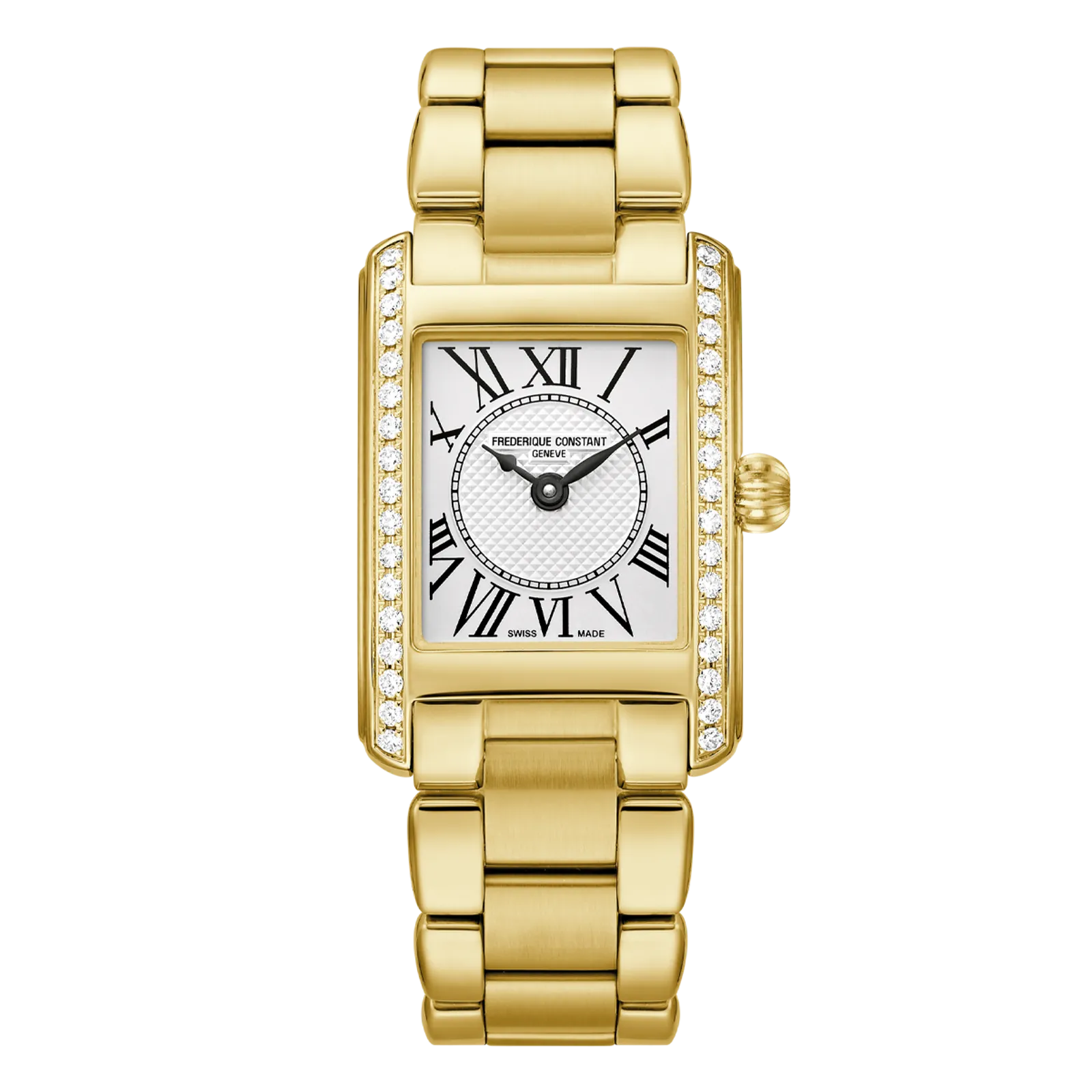Elegant gold women's tank watch with a white rectangular face, Roman numeral markers, and diamond-set bezel on a three-link bracelet.