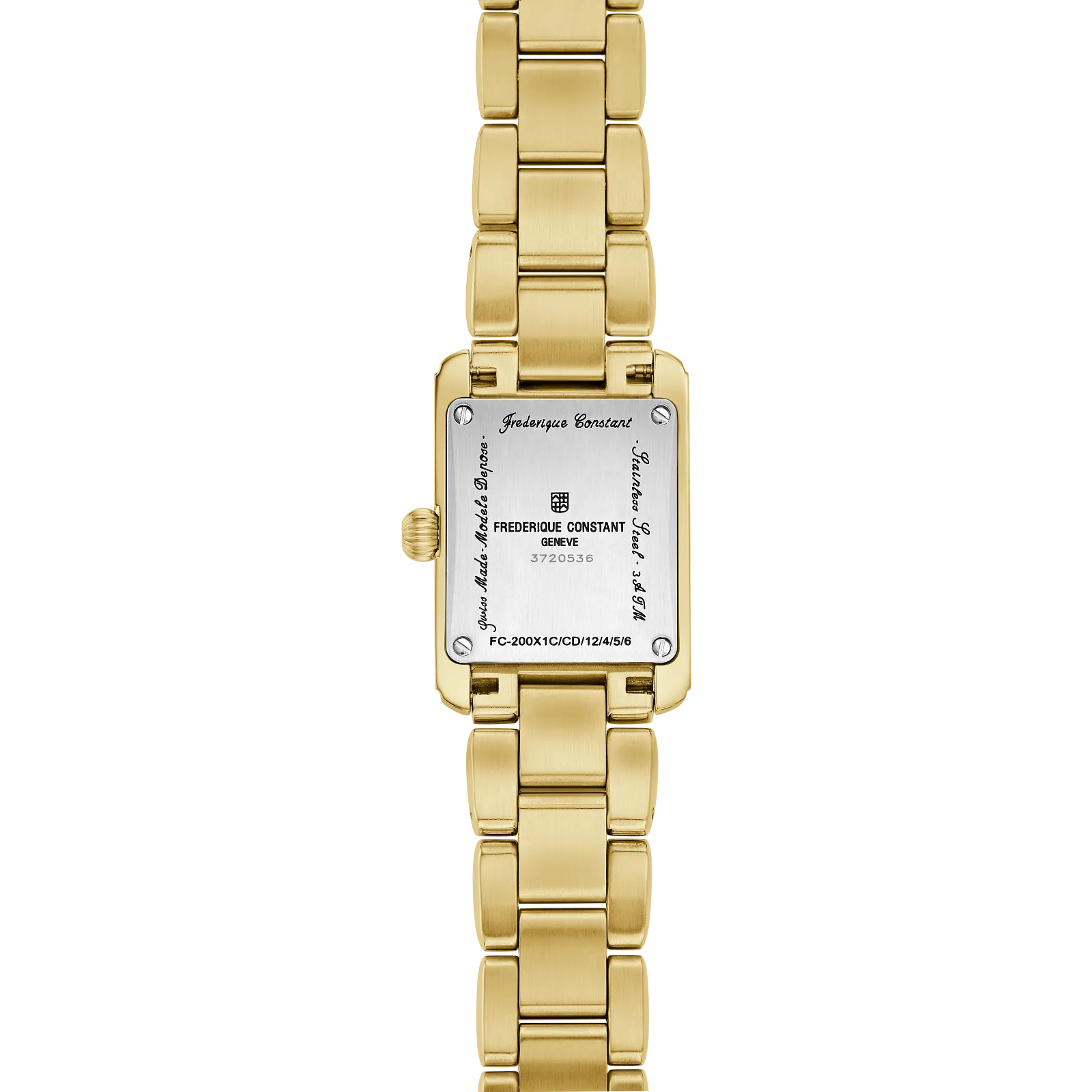 Detailed view of a gold rectangular watch dial highlighting the luxury diamond-set inner dial and classic black Roman numerals.