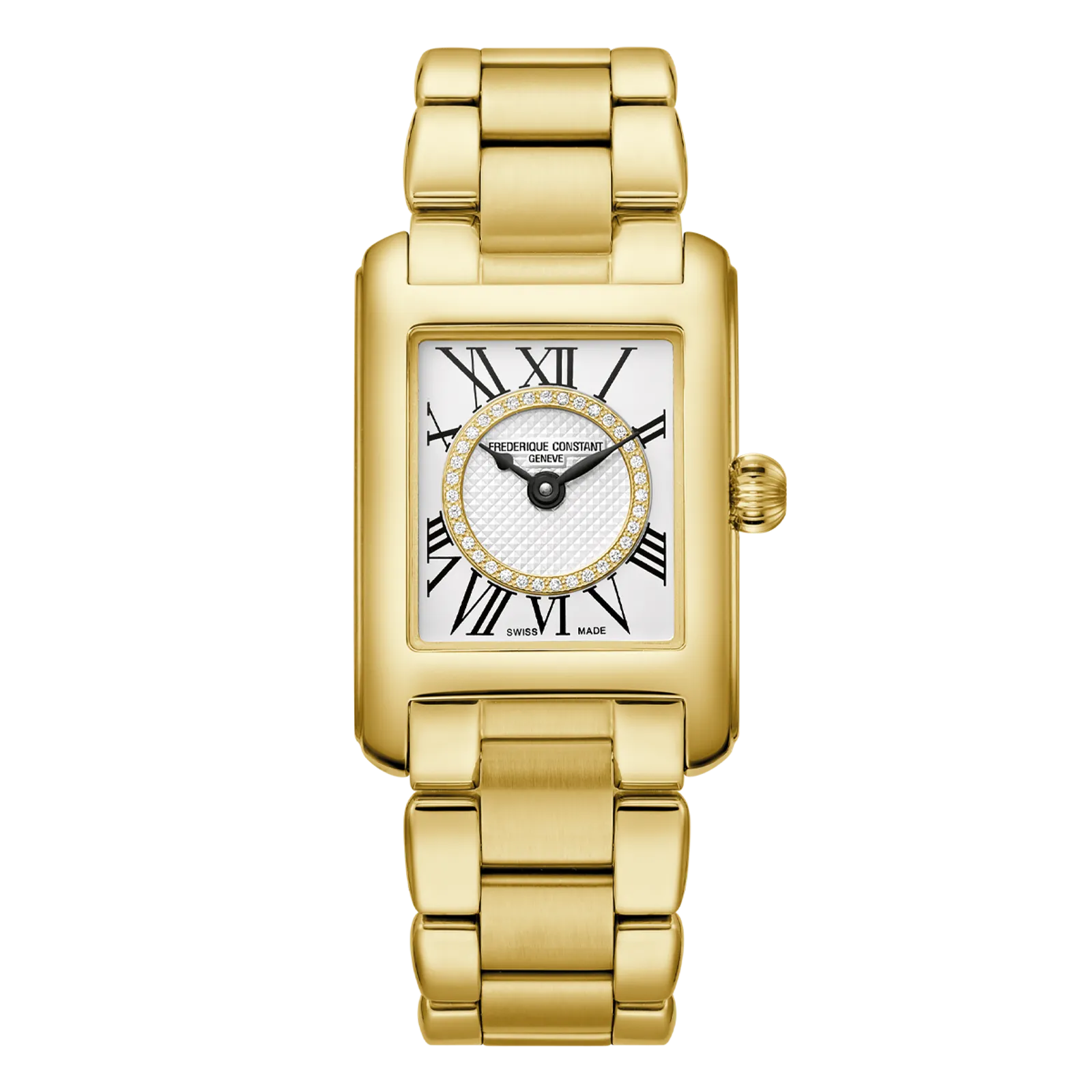 Premium gold-toned women's tank watch with a white rectangular face, Roman numeral markers, and a diamond-encrusted inner circle on the dial.