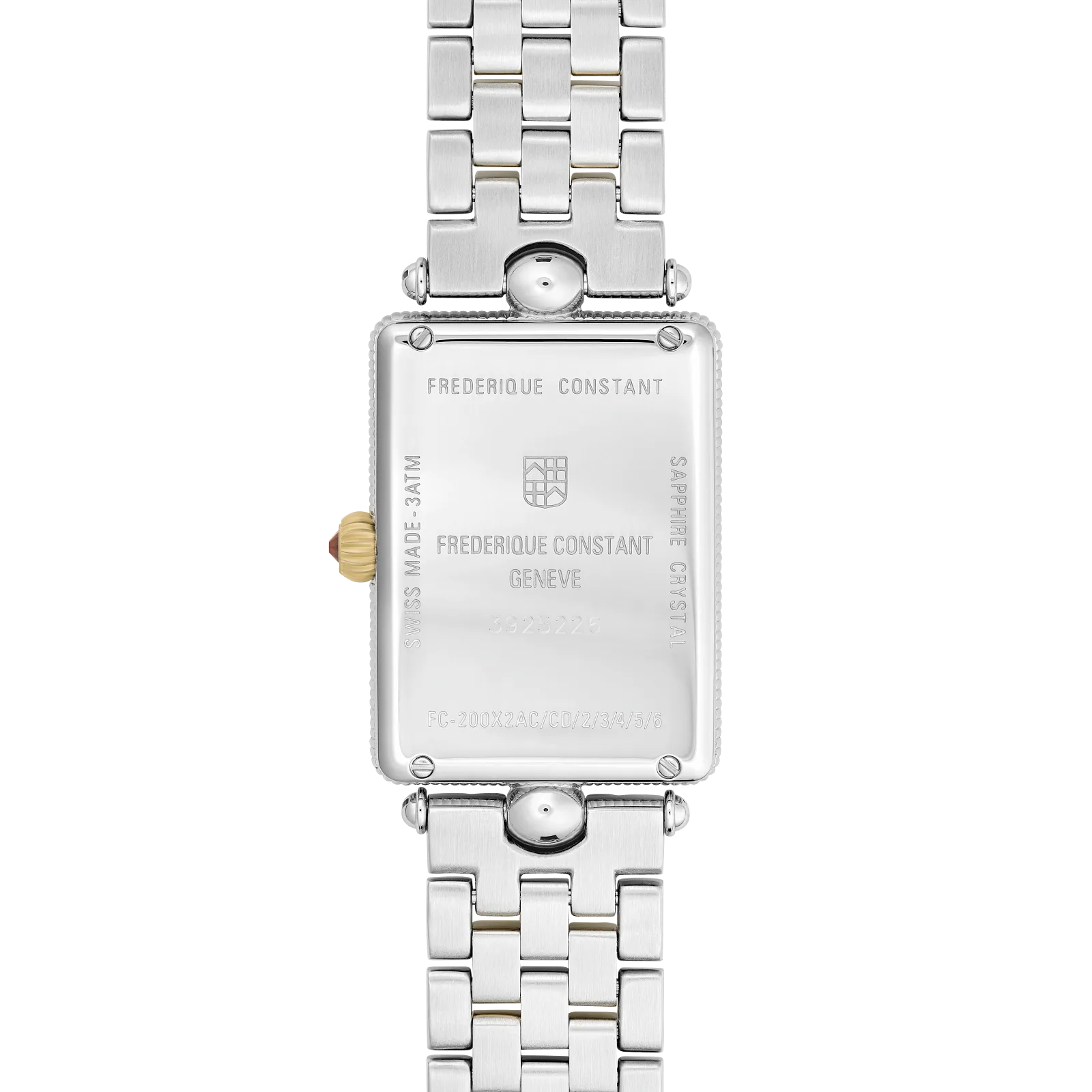 Back view of a premium stainless steel rectangular watch showing the polished case back and the intricate silver and gold-toned jewelry-style band.