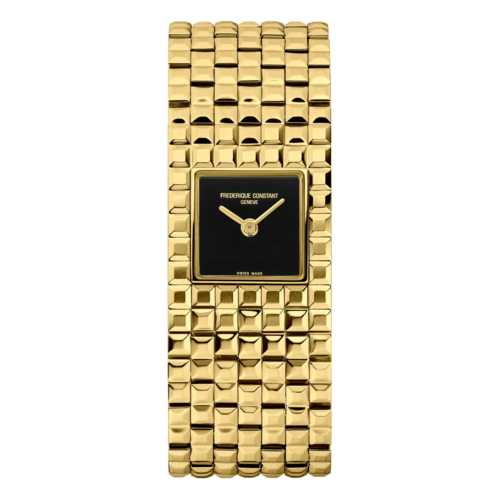 Luxury 18K gold-toned women's watch with a sleek black square dial and a high-polish multi-link bracelet.